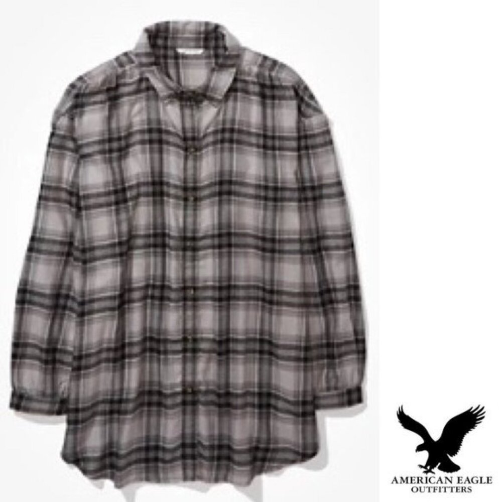 American Eagle Women's Oversized Flannel Button Up Shirt Top Sz Medium Lilac Ice